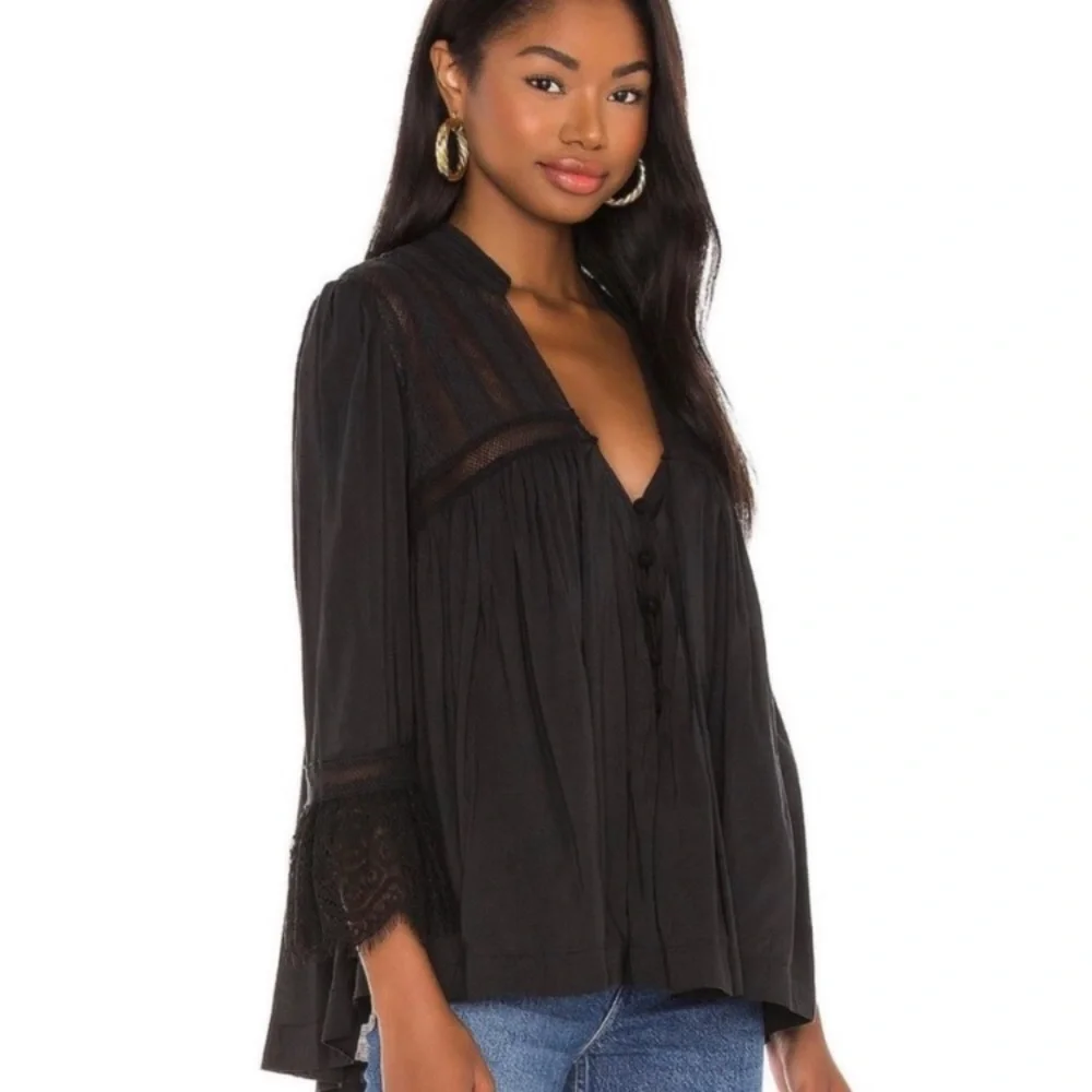 Free People Esme Lace Trim Blouse in Black Size Small